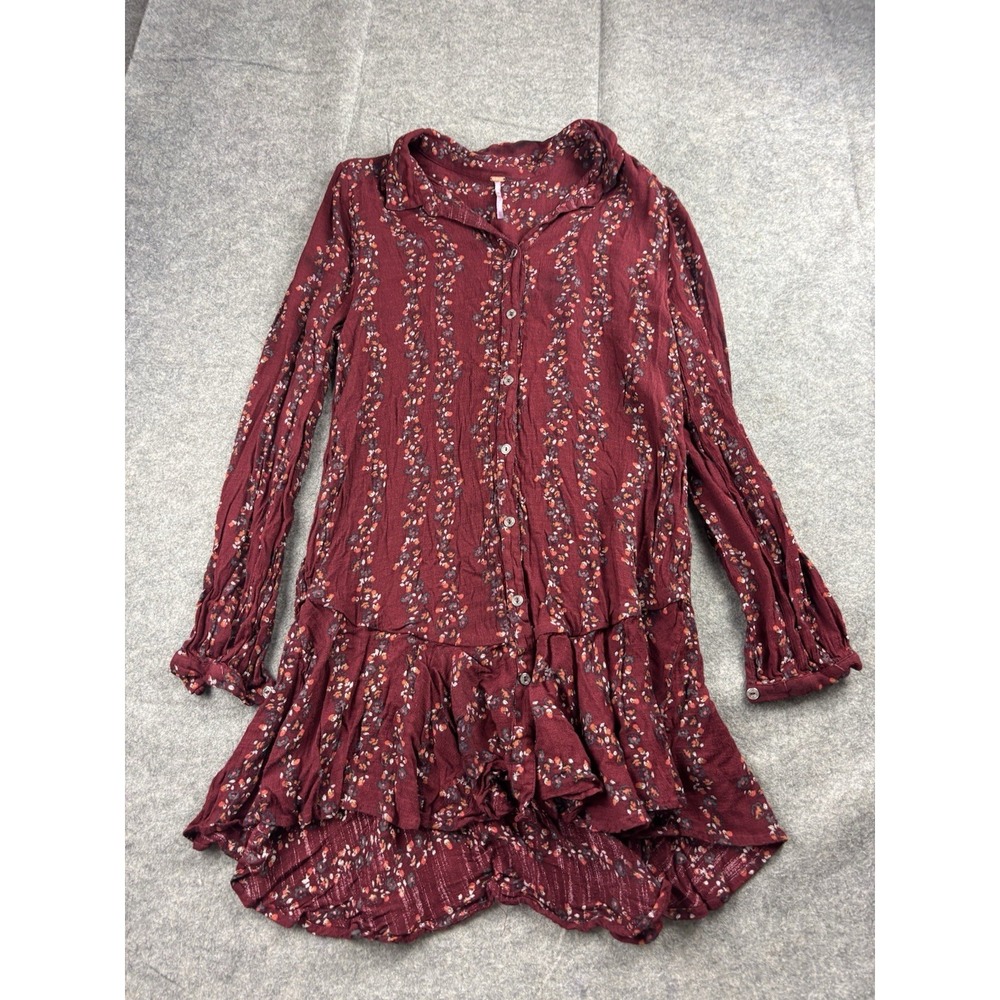 Free People Womens M Button Down Mini Dress Red Floral Ruffle Western Boho‎ SEE
